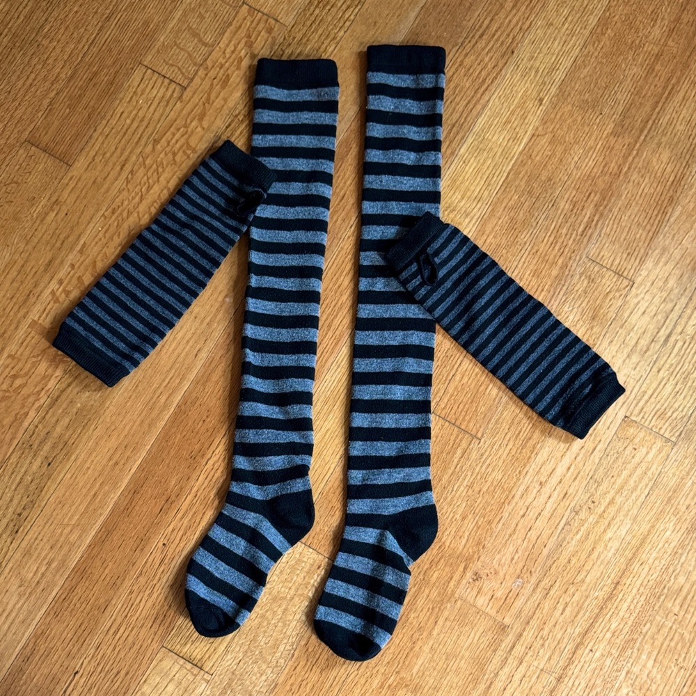 Striped Black and Gray Girl’ Socks/Fingerless Gloves